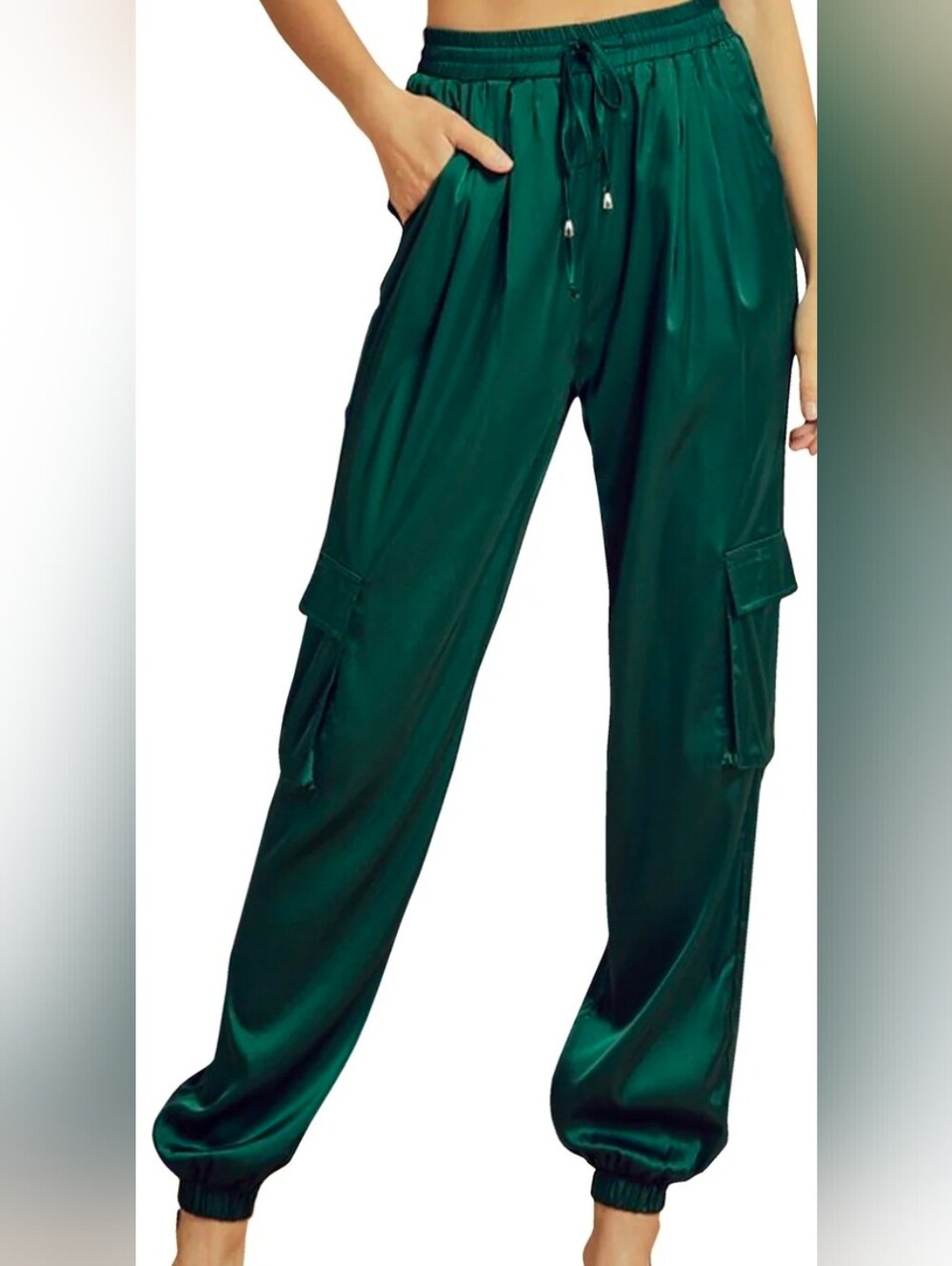 GLAM Emerald Green Satin Cargo Jogger Pants Small